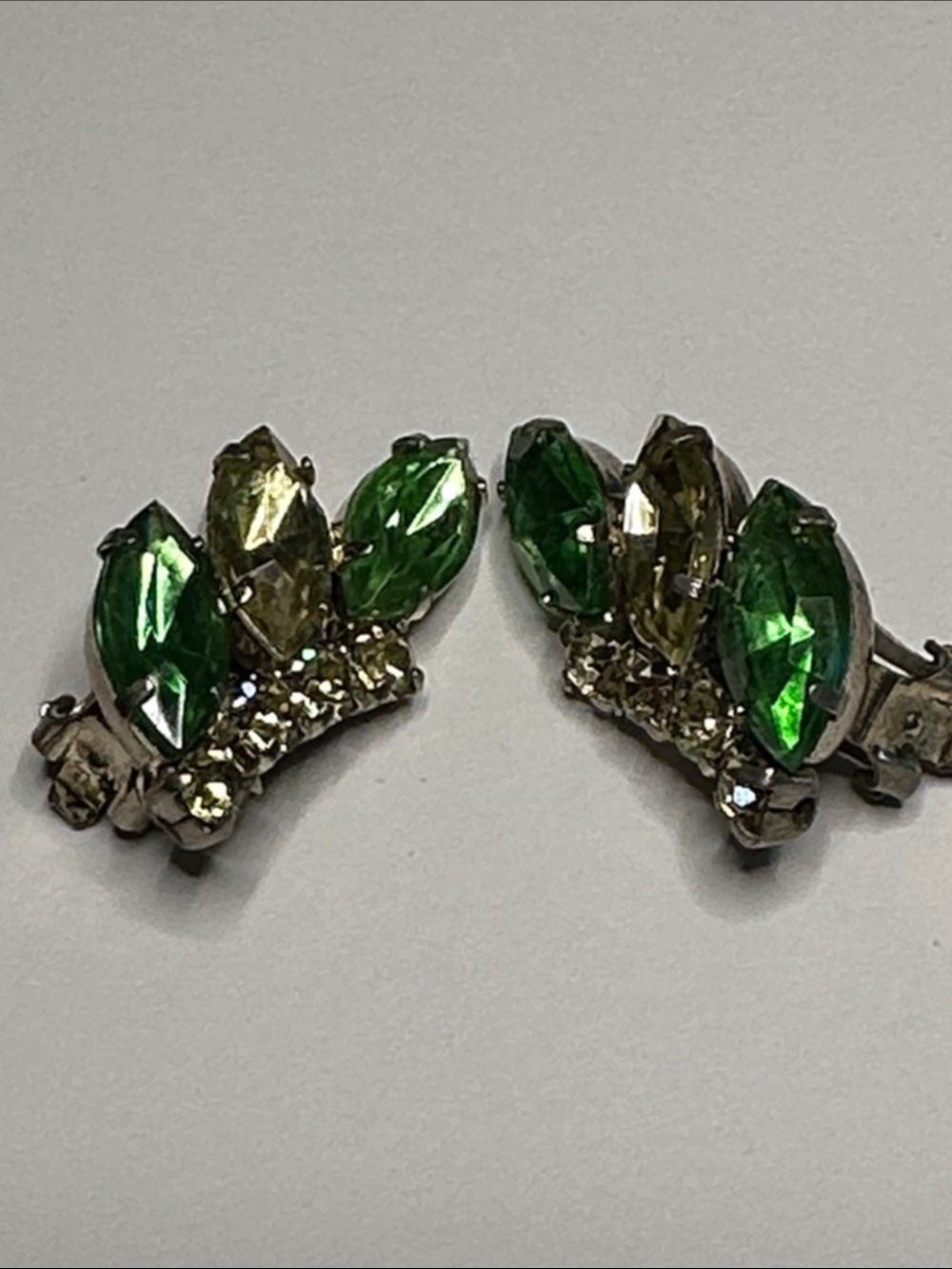 Vintage Green & Yellow Rhinestone Crystal Clip Earrings - 1 3/8”